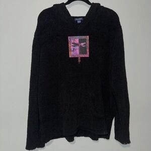 Rivers End Black Fuzzy Popcorn Knit Dragonfly‎ Patch Beaded Hoodie XL